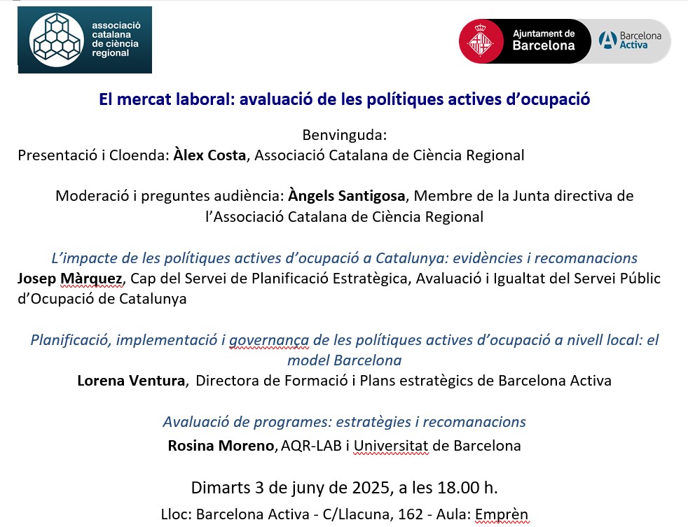 Invitació a la conferència: El mercat laboral: avaluació de les polítiques actives d’ocupació – Barcelona Activa/ACCR – Dimarts 3 de juny a les 18.00 hores
